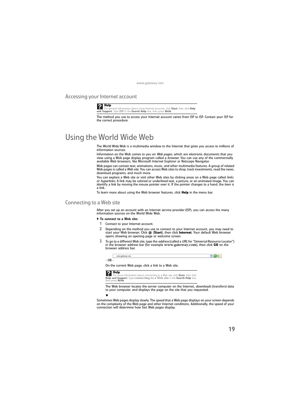Accessing your internet account, Using the world wide web, Connecting to a web site | To connect to a web site, Using the | Gateway DX4800 User Manual | Page 25 / 94