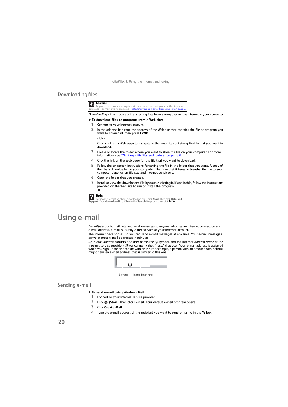 Downloading files, To download files or programs from a web site, Using e-mail | Sending e-mail, To send e-mail using windows mail | Gateway DX4800 User Manual | Page 26 / 94