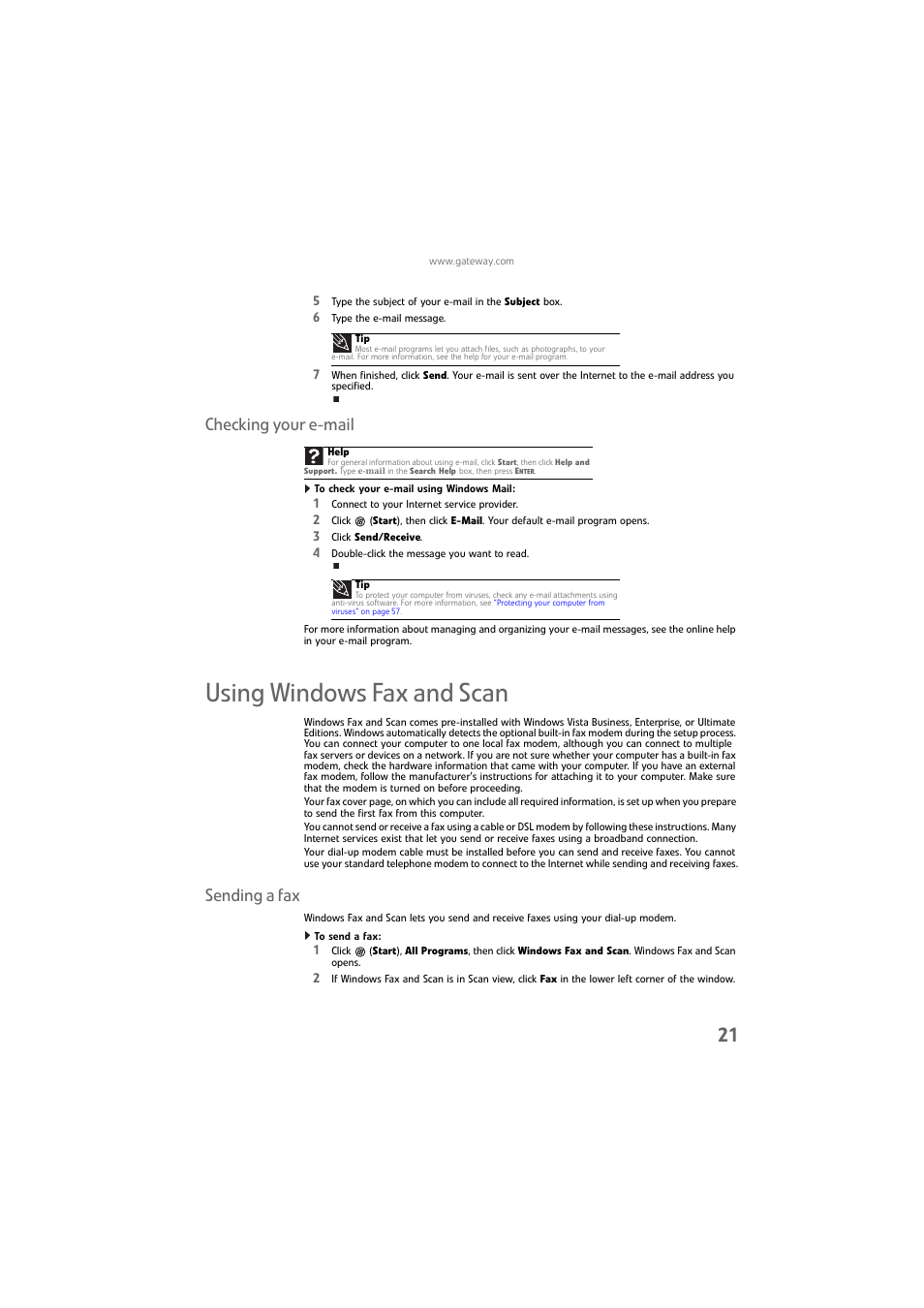 Checking your e-mail, To check your e-mail using windows mail, Using windows fax and scan | Sending a fax, To send a fax | Gateway DX4800 User Manual | Page 27 / 94