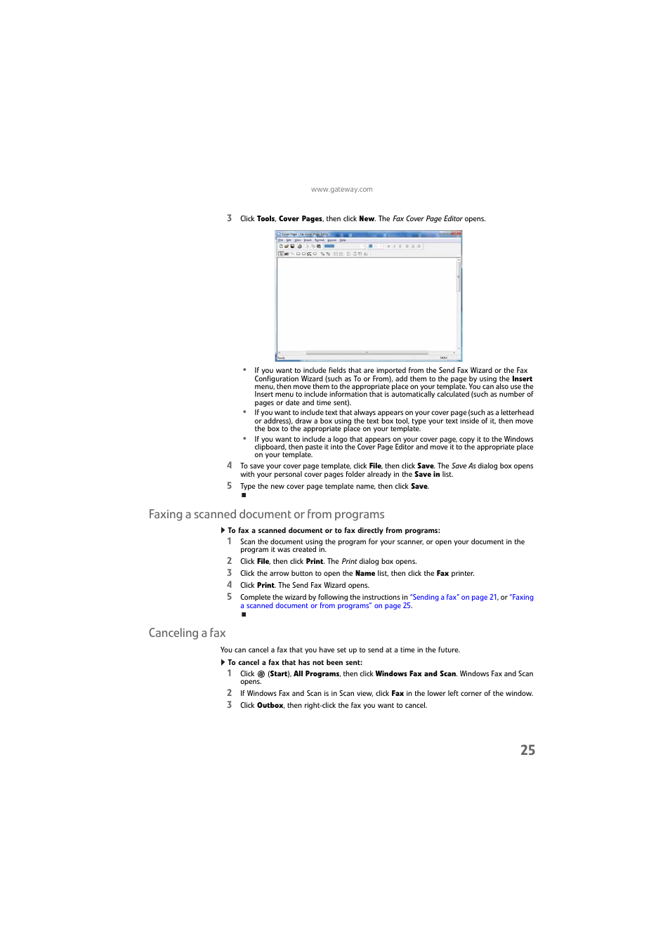 Faxing a scanned document or from programs, Canceling a fax, To cancel a fax that has not been sent | Gateway DX4800 User Manual | Page 31 / 94