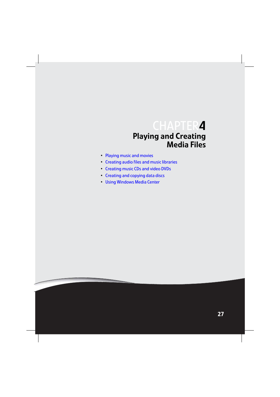 Playing and creating media files, Chapter 4: playing and creating media files, Chapter | Gateway DX4800 User Manual | Page 33 / 94