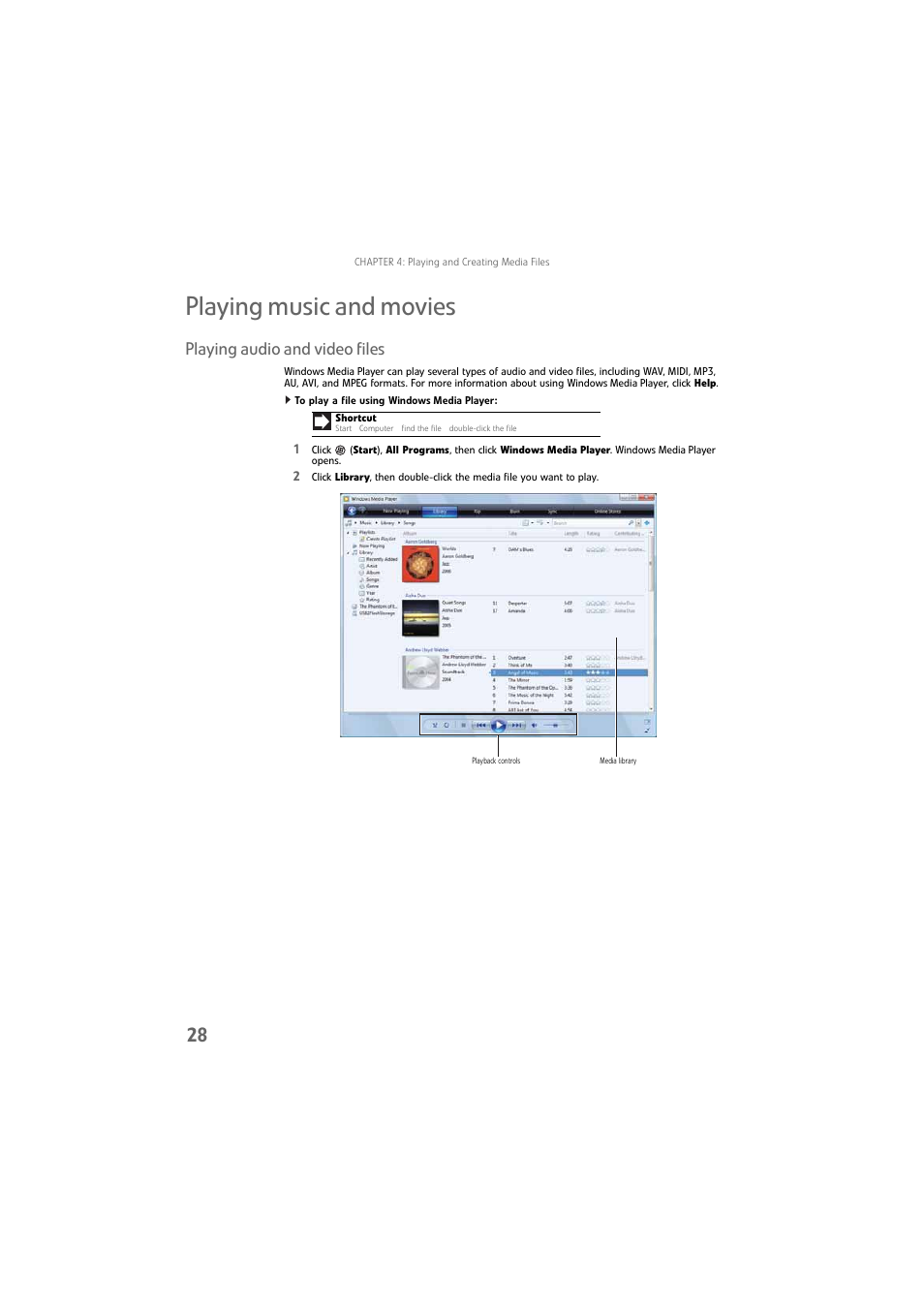 Playing music and movies, Playing audio and video files, To play a file using windows media player | Gateway DX4800 User Manual | Page 34 / 94
