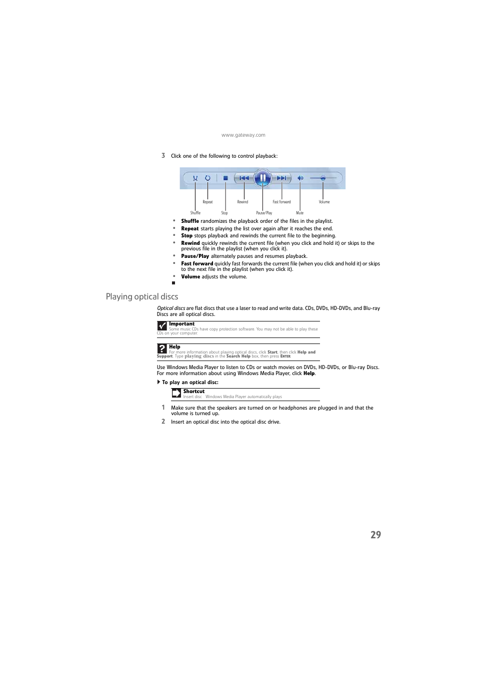 Playing optical discs, To play an optical disc | Gateway DX4800 User Manual | Page 35 / 94