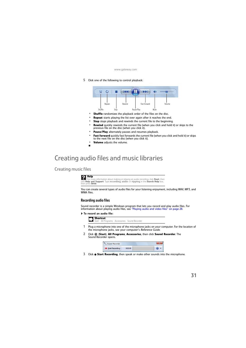 Creating audio files and music libraries, Creating music files, Recording audio files | To record an audio file | Gateway DX4800 User Manual | Page 37 / 94