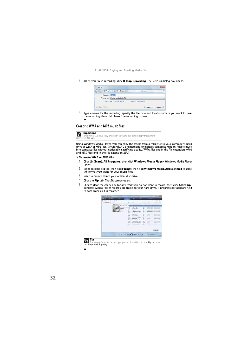 Creating wma and mp3 music files, To create wma or mp3 files | Gateway DX4800 User Manual | Page 38 / 94