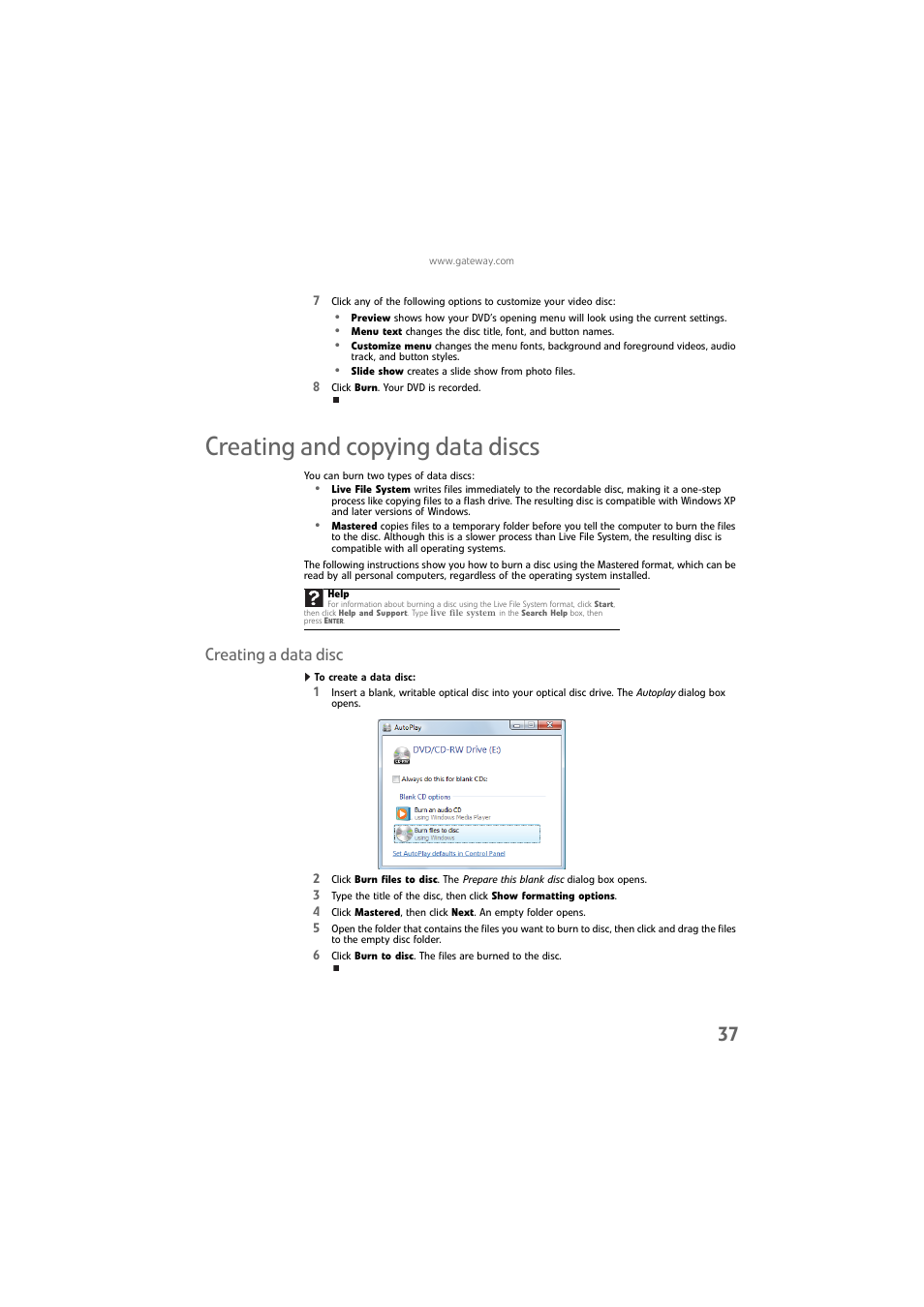 Creating and copying data discs, Creating a data disc, To create a data disc | Gateway DX4800 User Manual | Page 43 / 94