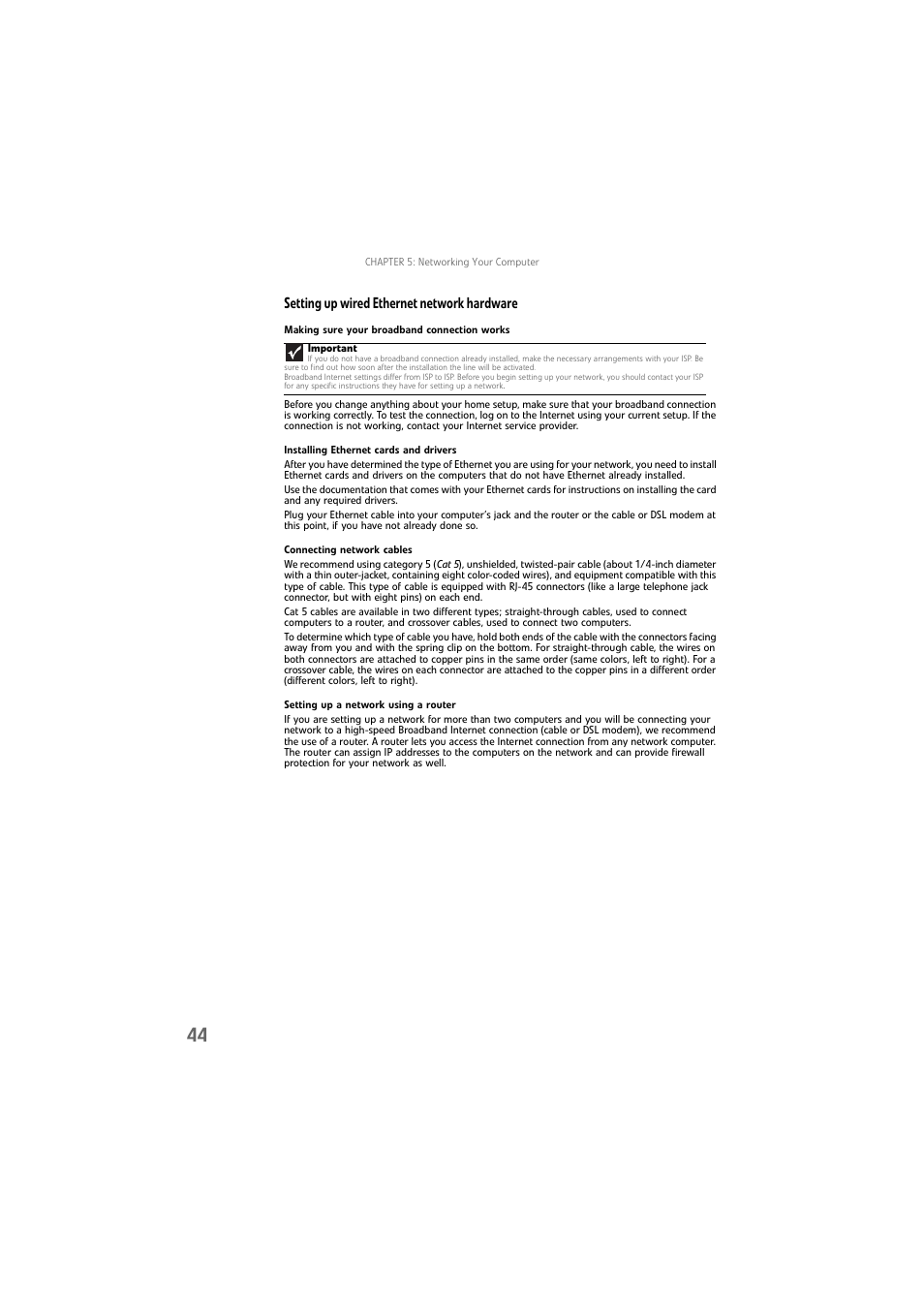 Setting up wired ethernet network hardware, Making sure your broadband connection works, Installing ethernet cards and drivers | Connecting network cables, Setting up a network using a router | Gateway DX4800 User Manual | Page 50 / 94