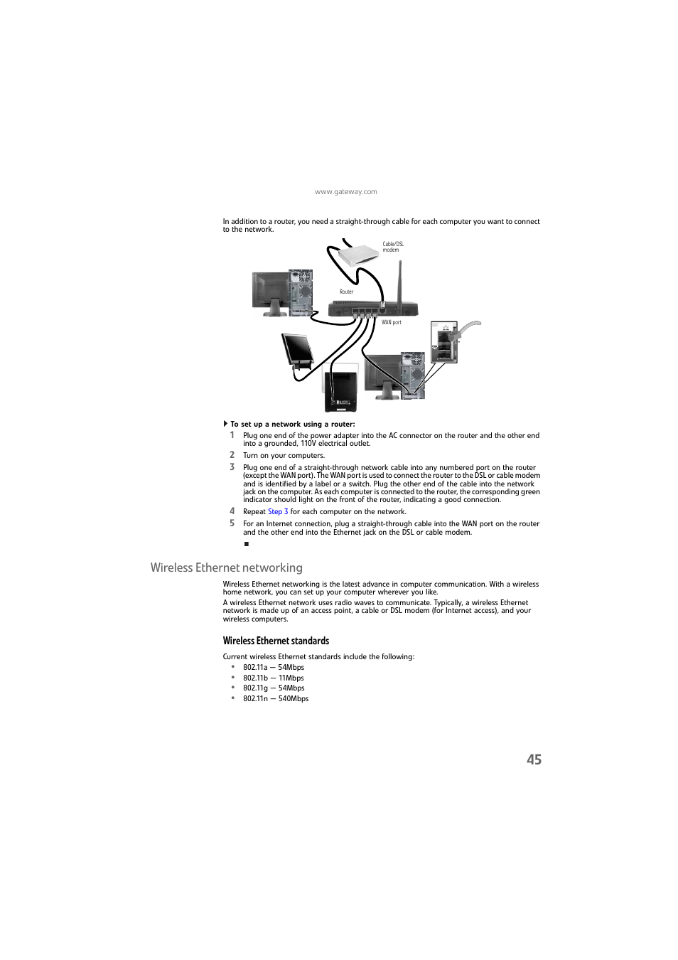 To set up a network using a router, Wireless ethernet networking, Wireless ethernet standards | Gateway DX4800 User Manual | Page 51 / 94