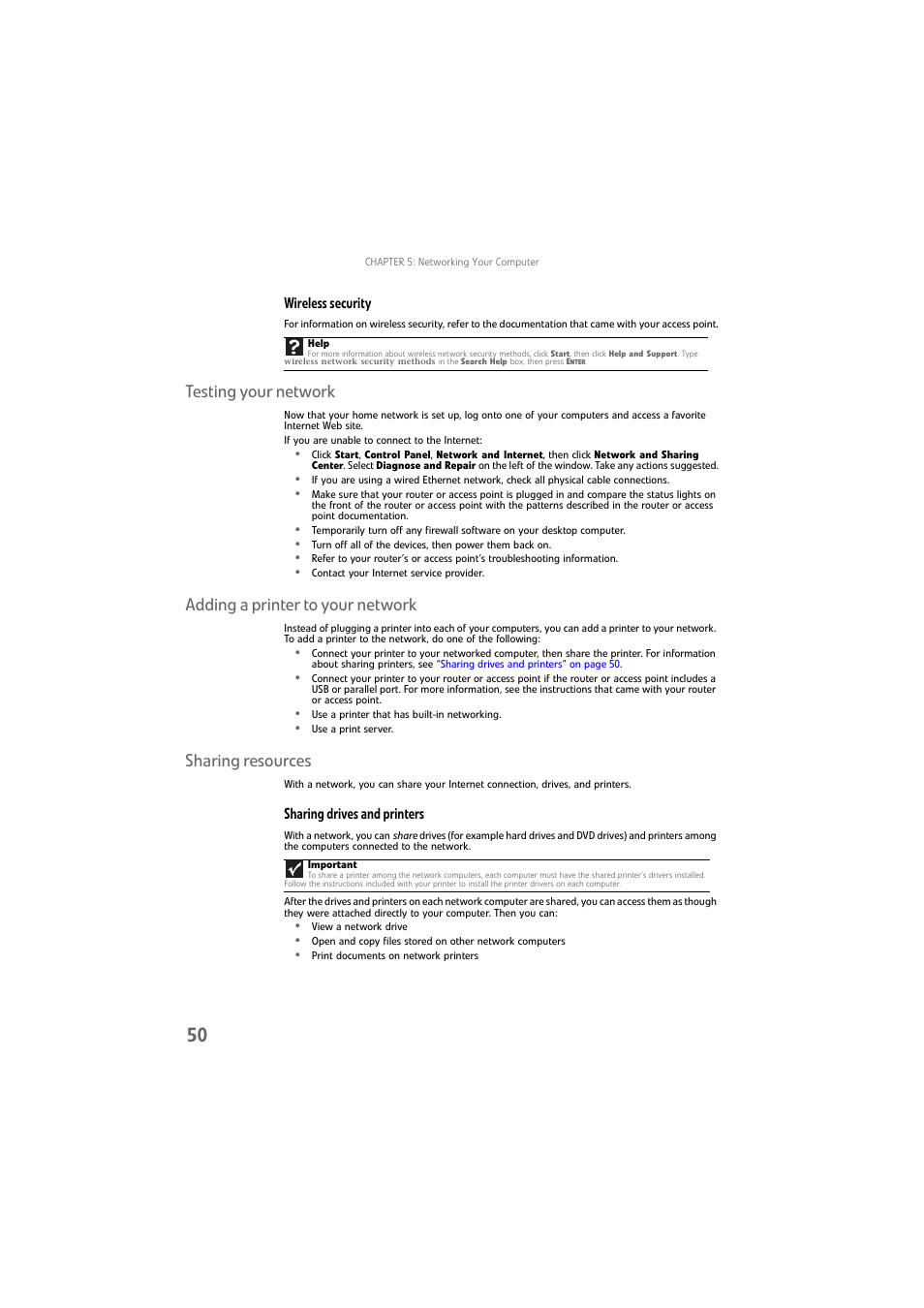 Wireless security, Testing your network, Adding a printer to your network | Sharing resources, Sharing drives and printers | Gateway DX4800 User Manual | Page 56 / 94