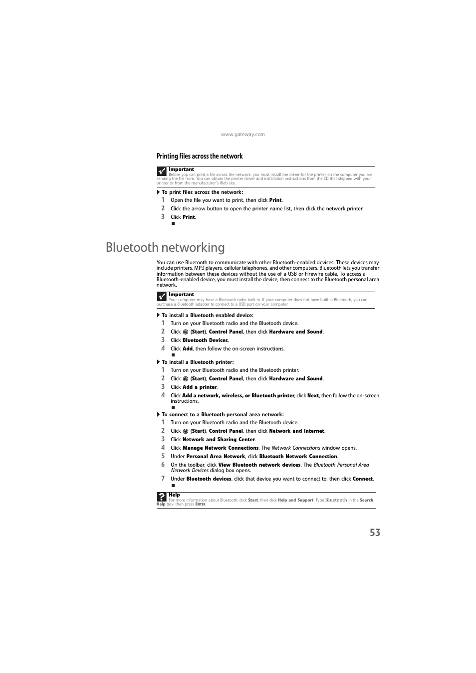Printing files across the network, To print files across the network, Bluetooth networking | To install a bluetooth enabled device, To install a bluetooth printer, To connect to a bluetooth personal area network | Gateway DX4800 User Manual | Page 59 / 94