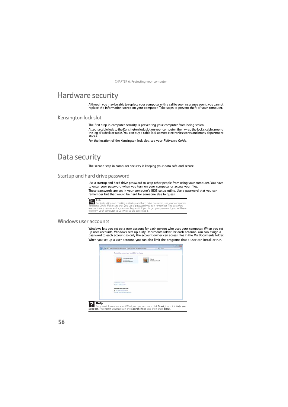 Hardware security, Kensington lock slot, Data security | Startup and hard drive password, Windows user accounts | Gateway DX4800 User Manual | Page 62 / 94