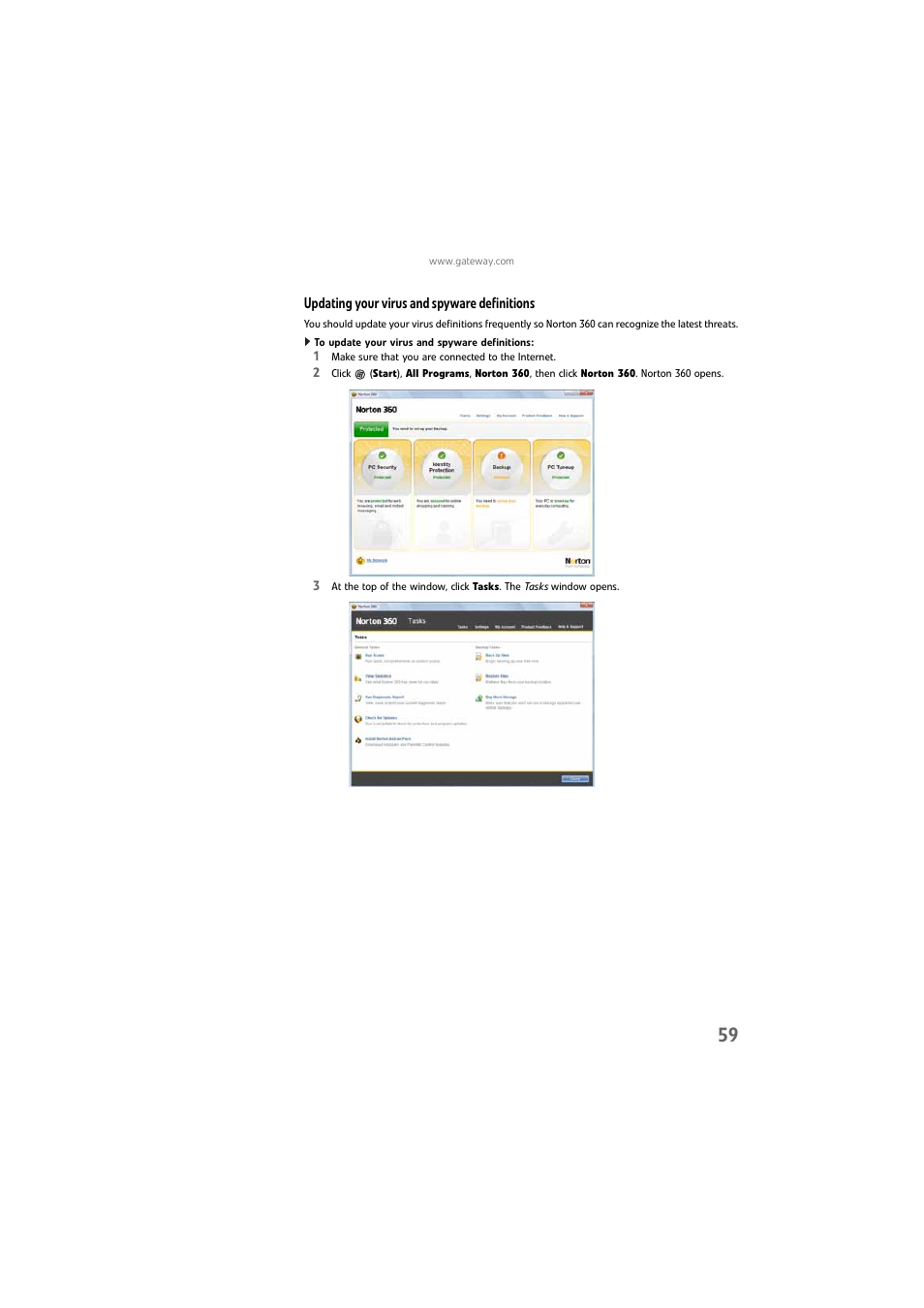 Updating your virus and spyware definitions, To update your virus and spyware definitions | Gateway DX4800 User Manual | Page 65 / 94