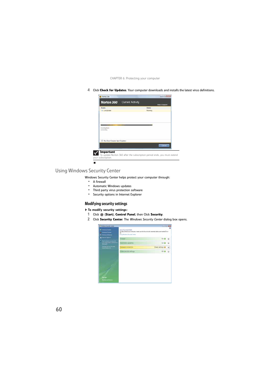 Using windows security center, Modifying security settings, To modify security settings | Gateway DX4800 User Manual | Page 66 / 94