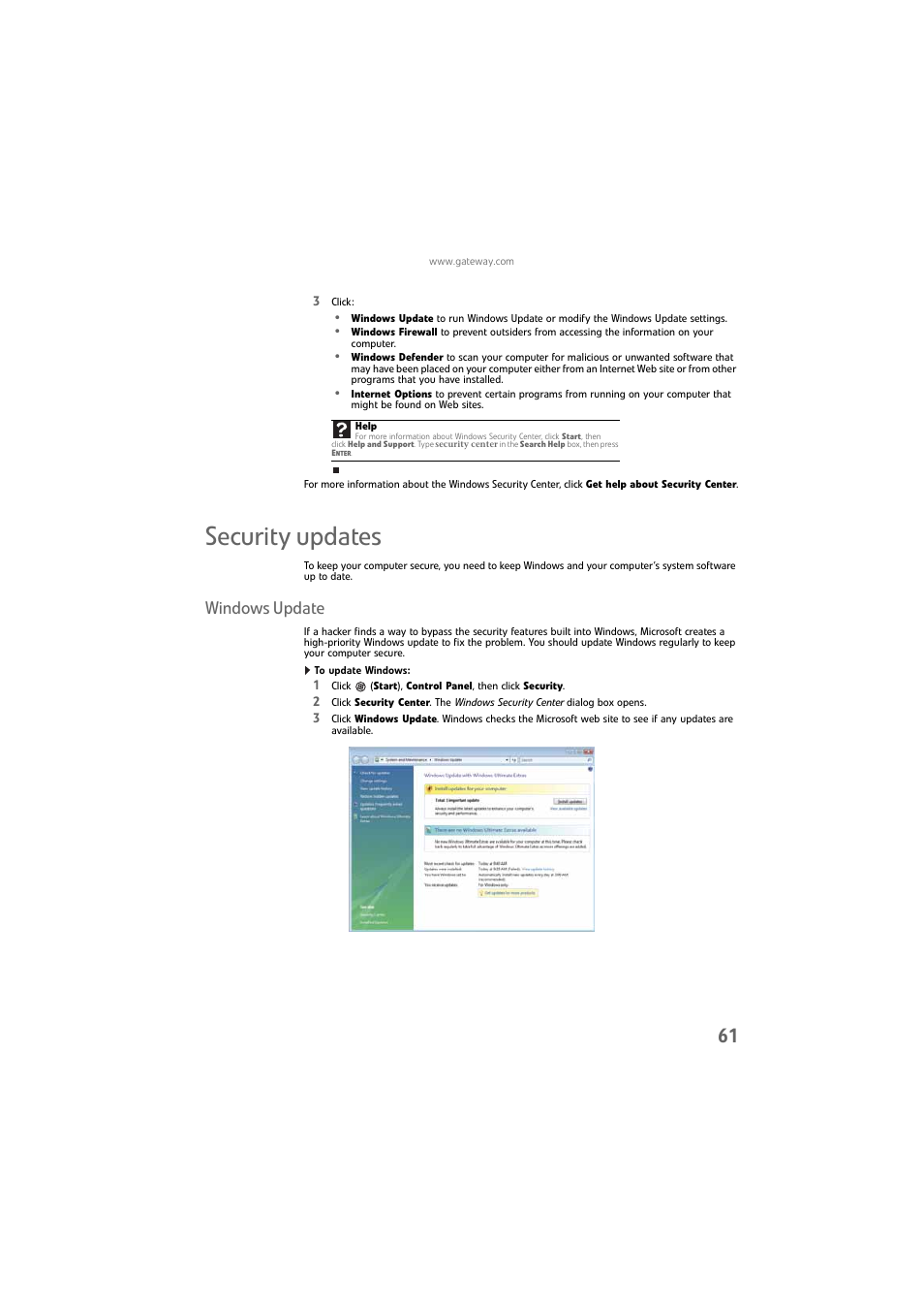 Security updates, Windows update, To update windows | Gateway DX4800 User Manual | Page 67 / 94