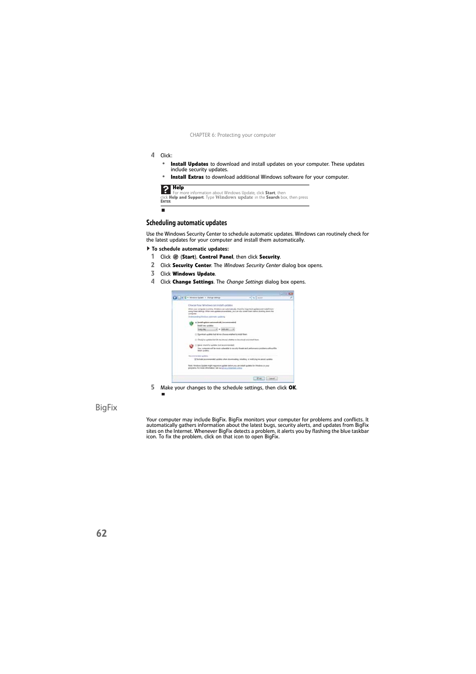 Scheduling automatic updates, To schedule automatic updates, Bigfix | Gateway DX4800 User Manual | Page 68 / 94