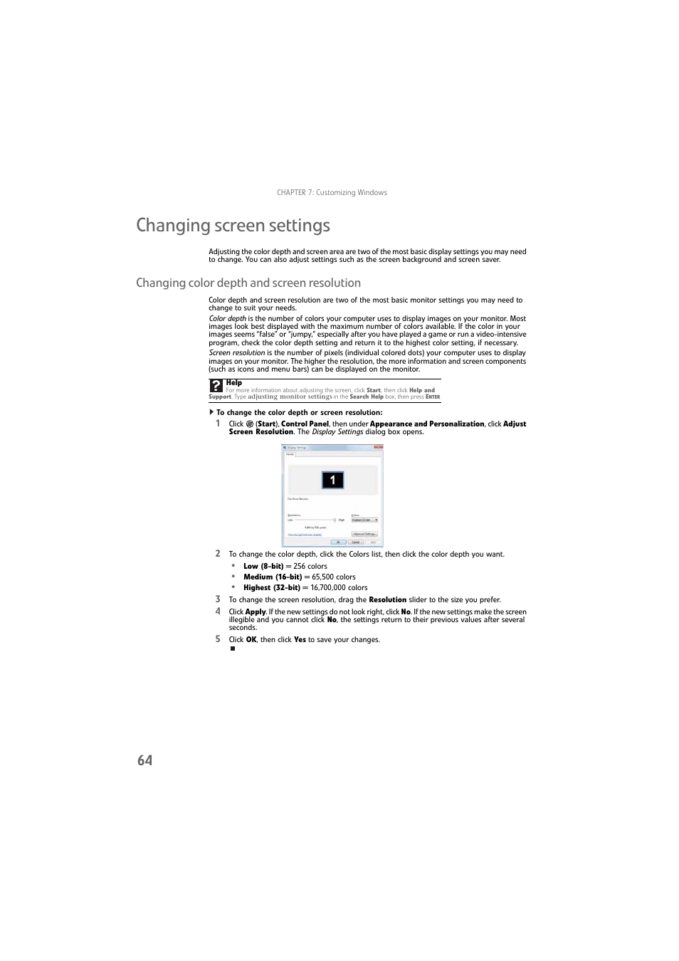 Changing screen settings, Changing color depth and screen resolution, To change the color depth or screen resolution | Gateway DX4800 User Manual | Page 70 / 94