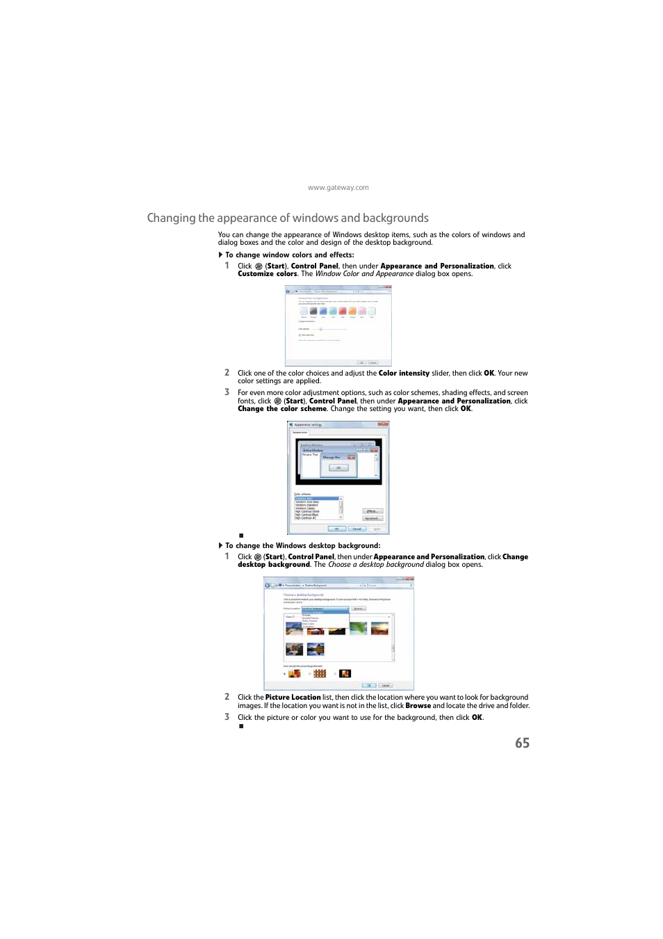 Changing the appearance of windows and backgrounds, To change window colors and effects, To change the windows desktop background | Gateway DX4800 User Manual | Page 71 / 94