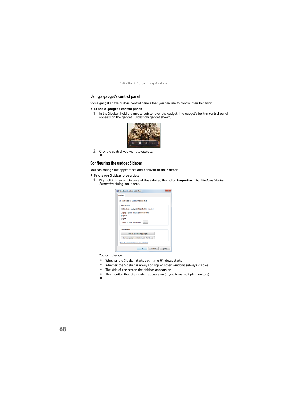 Using a gadget’s control panel, To use a gadget’s control panel, Configuring the gadget sidebar | To change sidebar properties | Gateway DX4800 User Manual | Page 74 / 94