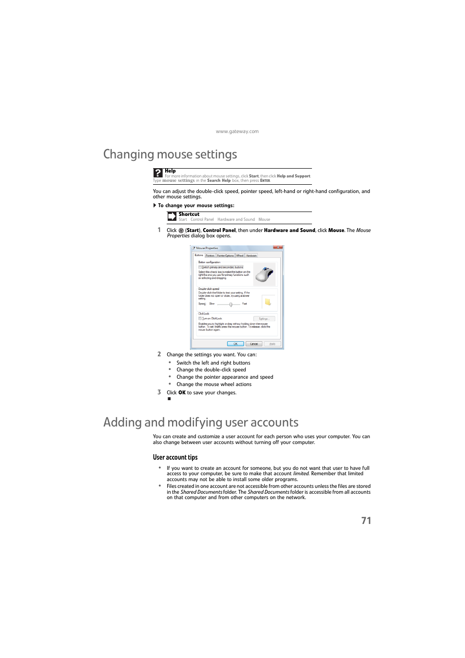 Changing mouse settings, To change your mouse settings, Adding and modifying user accounts | User account tips | Gateway DX4800 User Manual | Page 77 / 94