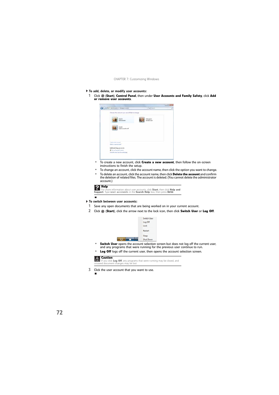 To add, delete, or modify user accounts, To switch between user accounts | Gateway DX4800 User Manual | Page 78 / 94