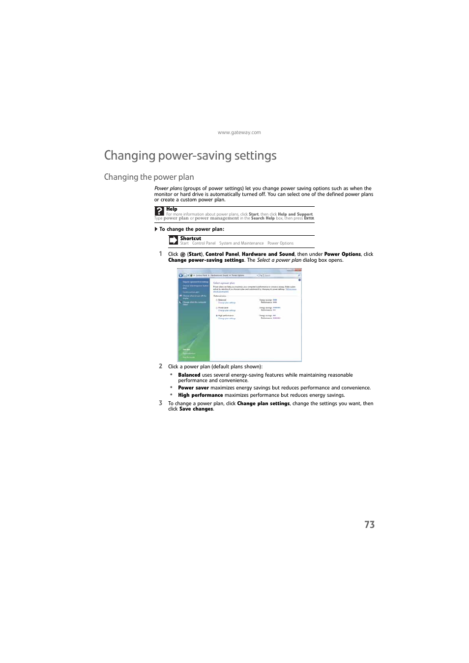 Changing power-saving settings, Changing the power plan, To change the power plan | Gateway DX4800 User Manual | Page 79 / 94