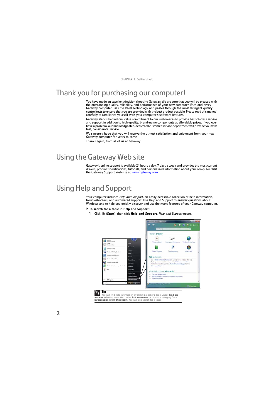 Thank you for purchasing our computer, Using the gateway web site, Using help and support | To search for a topic in help and support | Gateway DX4800 User Manual | Page 8 / 94