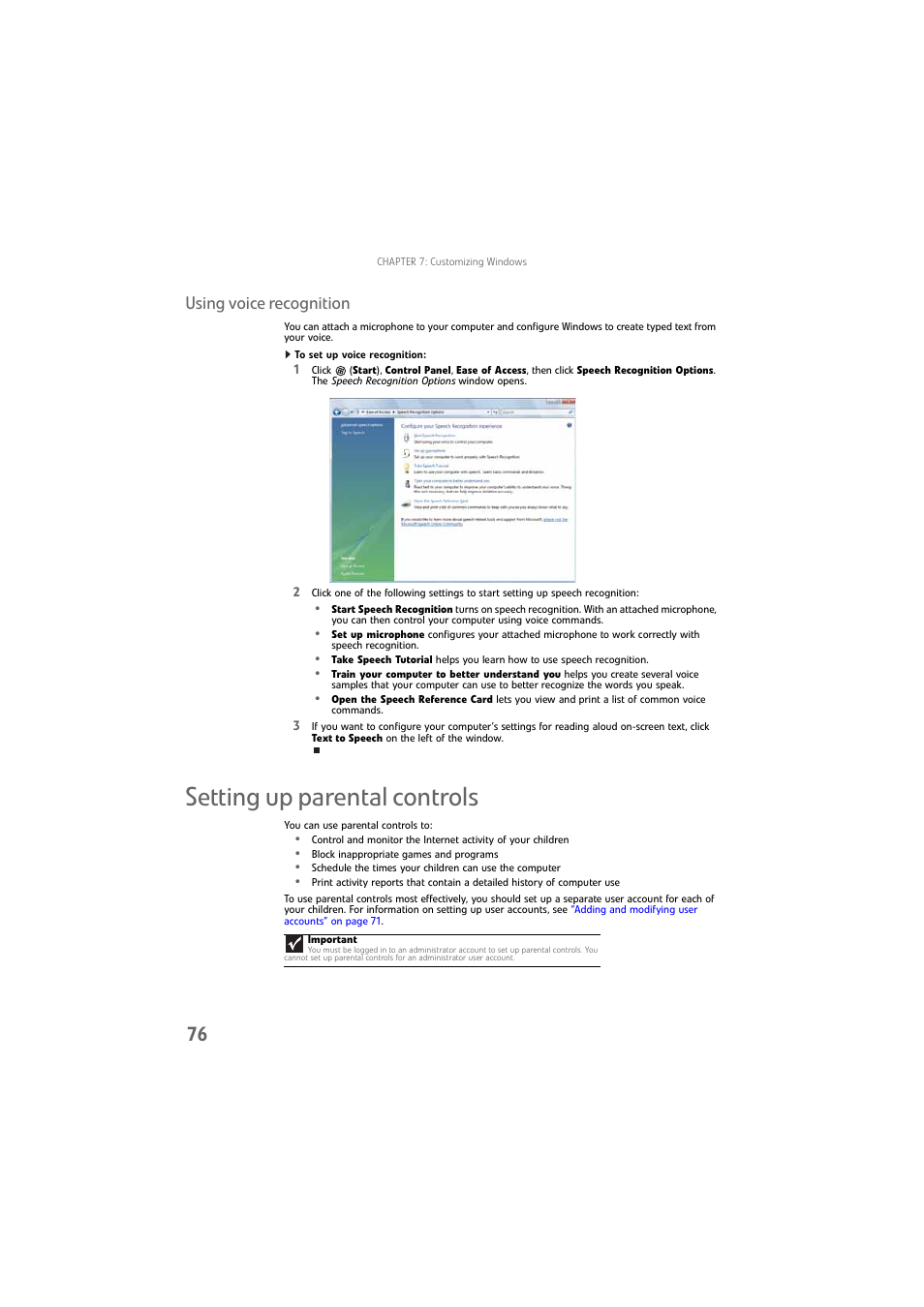 Using voice recognition, To set up voice recognition, Setting up parental controls | Gateway DX4800 User Manual | Page 82 / 94