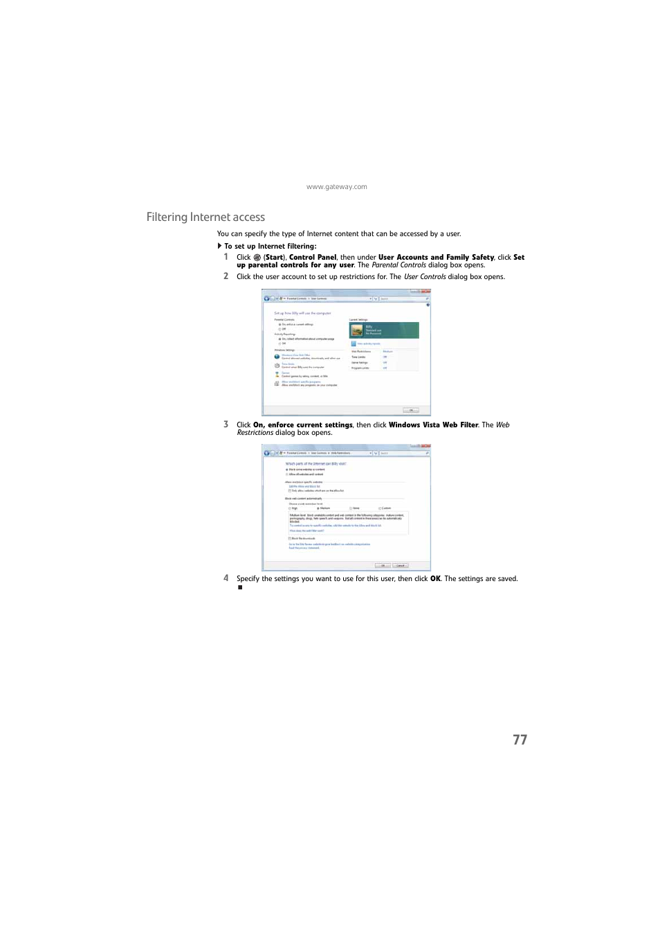Filtering internet access, To set up internet filtering | Gateway DX4800 User Manual | Page 83 / 94