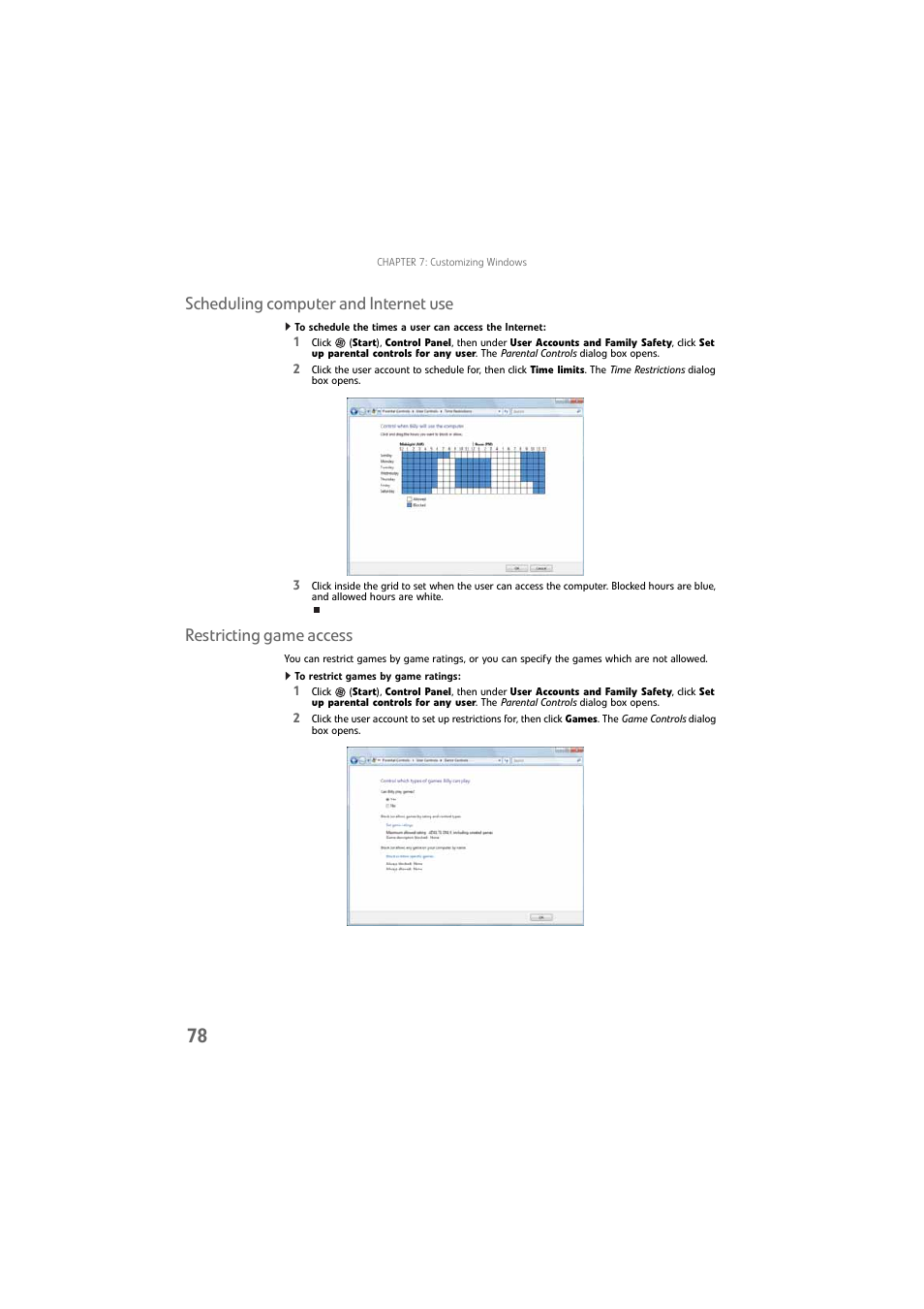 Scheduling computer and internet use, Restricting game access, To restrict games by game ratings | Gateway DX4800 User Manual | Page 84 / 94