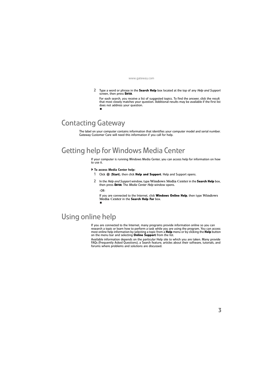 Contacting gateway, Getting help for windows media center, To access media center help | Using online help | Gateway DX4800 User Manual | Page 9 / 94
