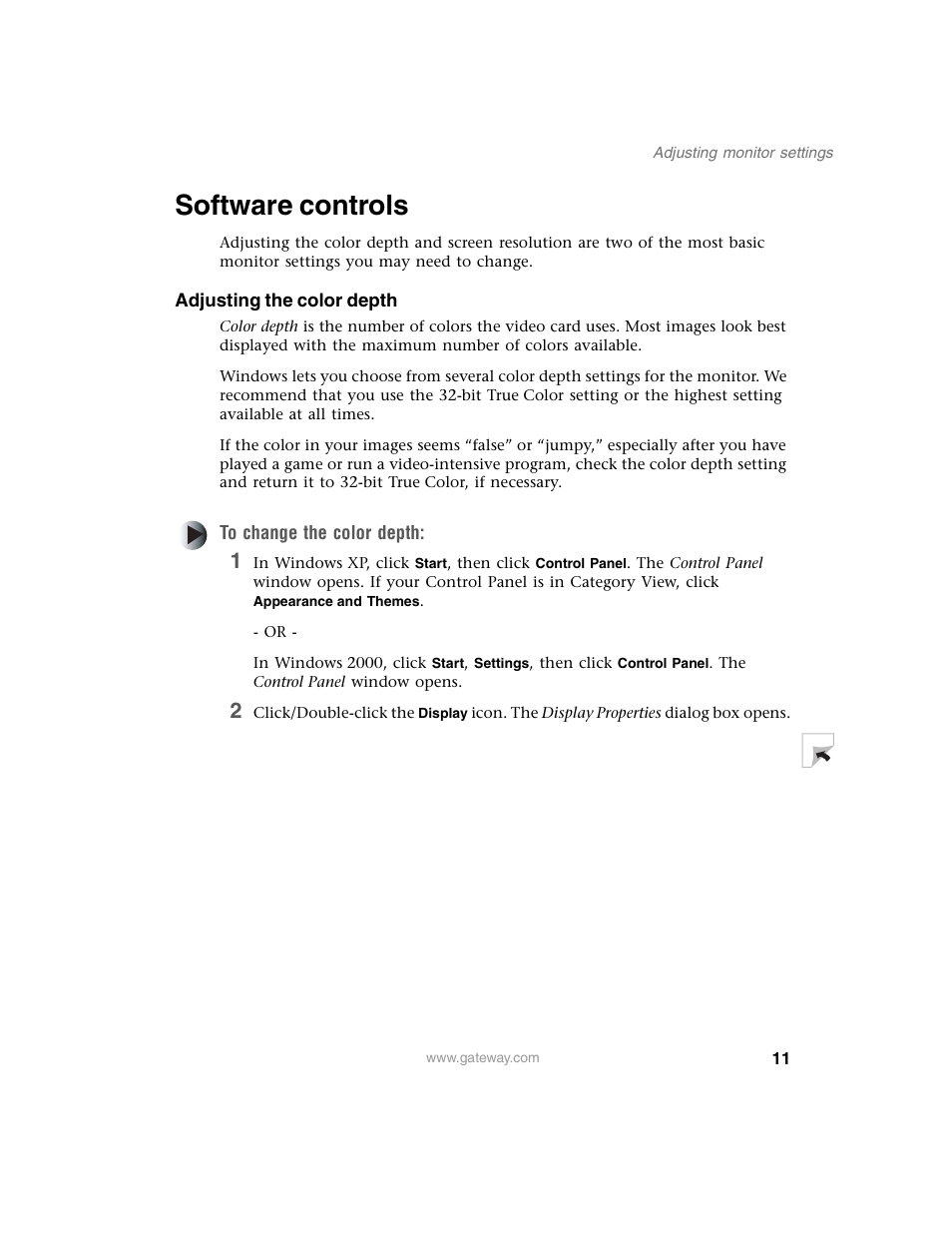 Software controls, Adjusting the color depth, To change the color depth | Gateway EV730 User Manual | Page 13 / 30
