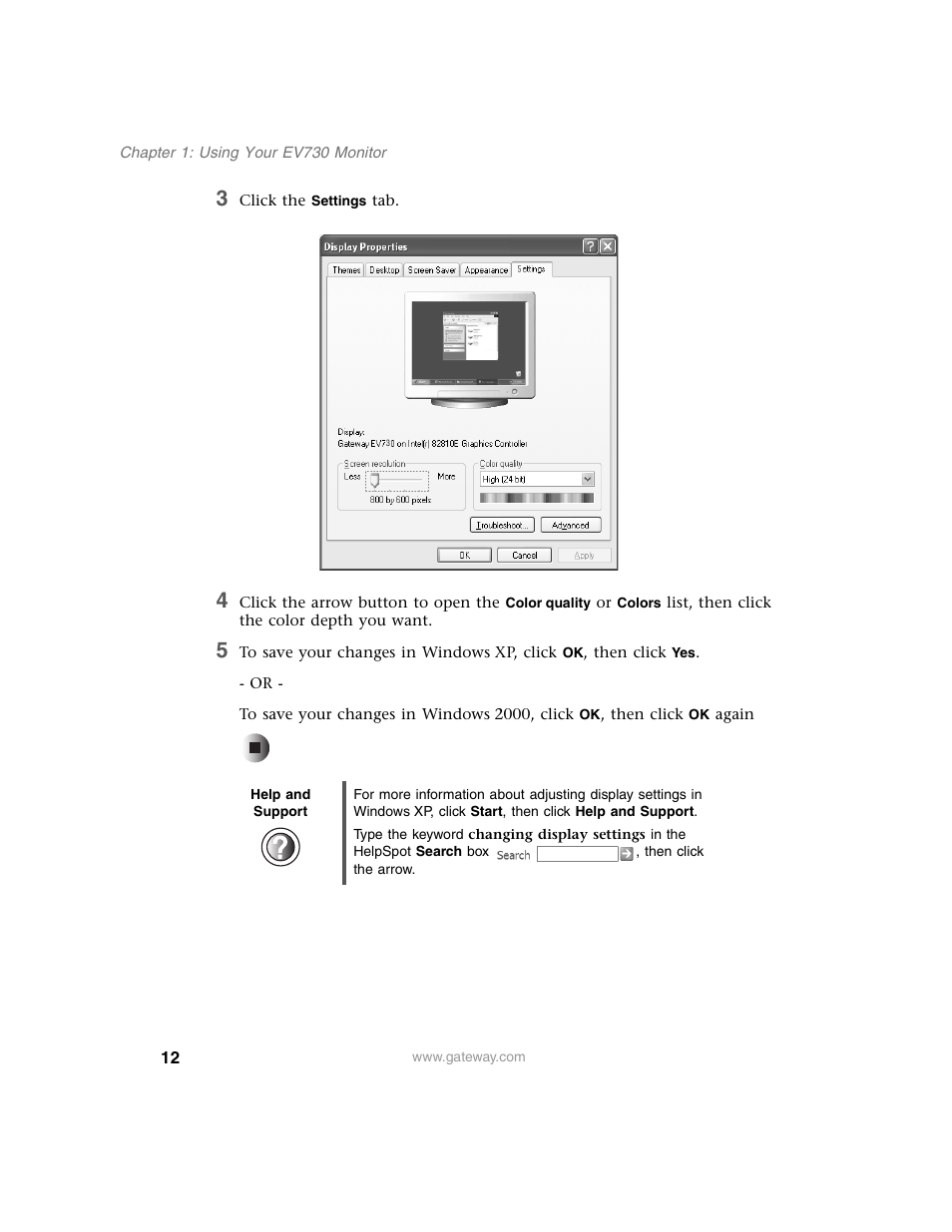 3 click the settings tab, Help and support | Gateway EV730 User Manual | Page 14 / 30