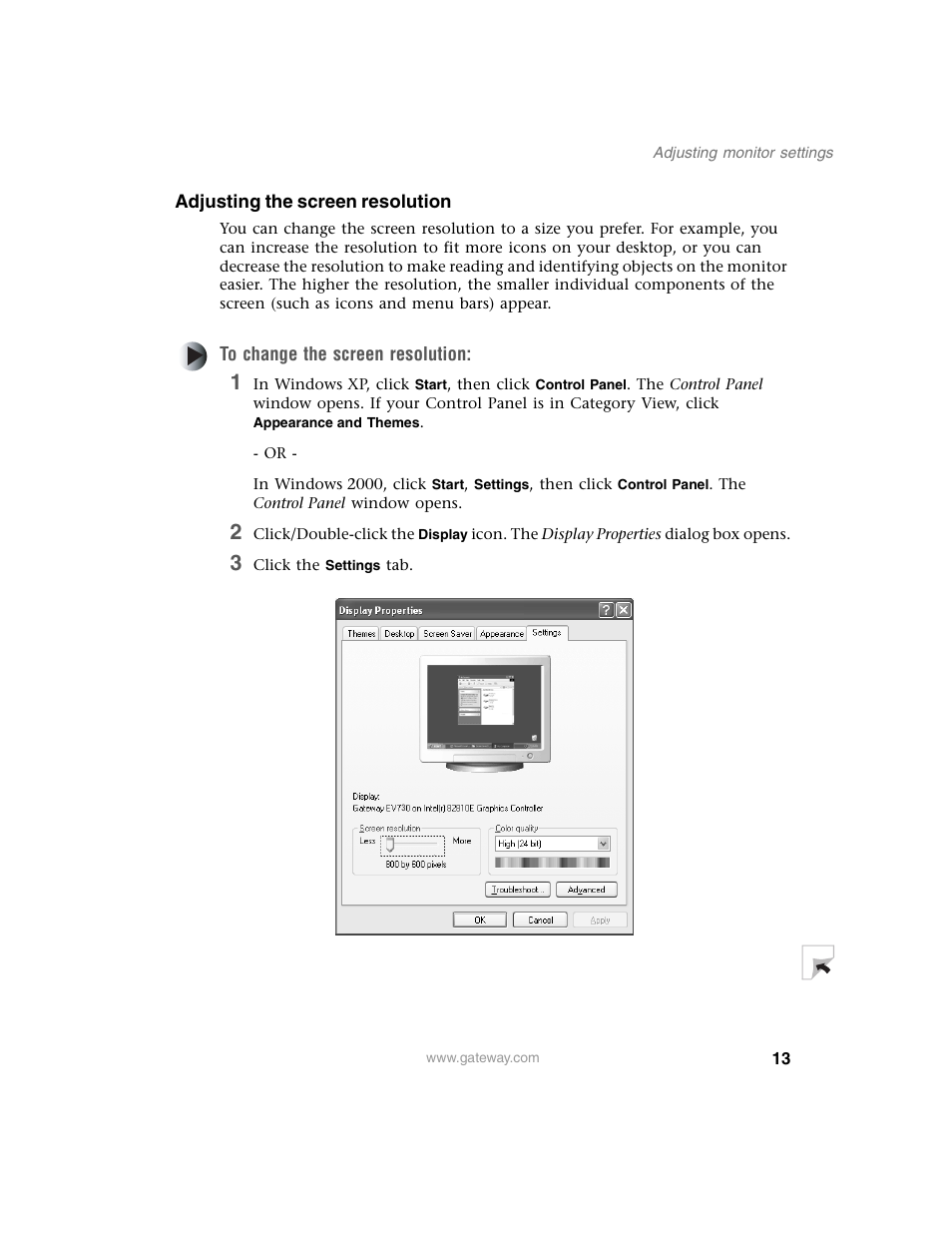 Adjusting the screen resolution, To change the screen resolution, 3 click the settings tab | Gateway EV730 User Manual | Page 15 / 30