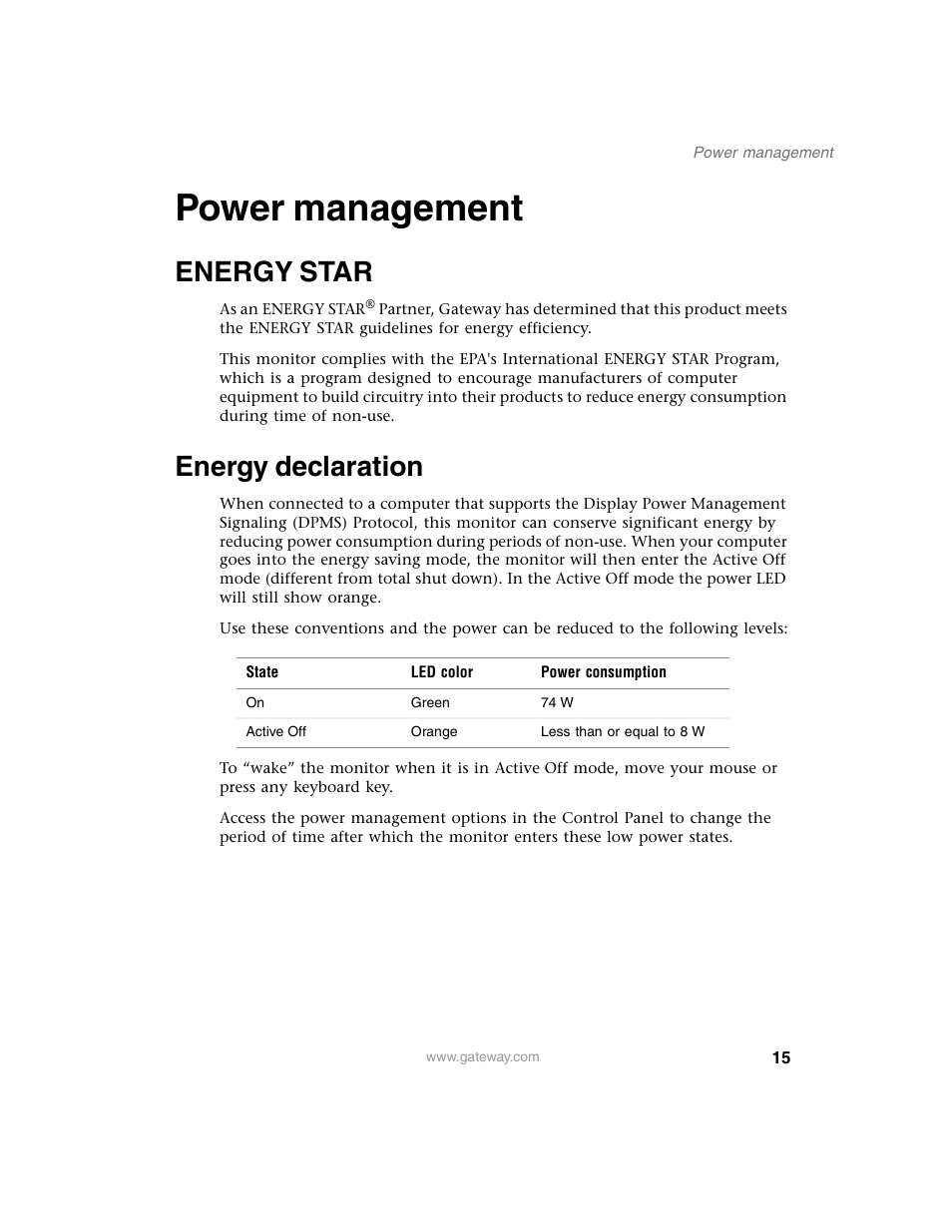 Power management, Energy star, Energy declaration | Energy star energy declaration | Gateway EV730 User Manual | Page 17 / 30