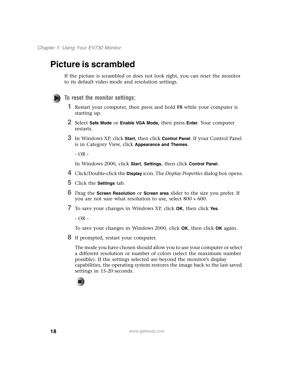 Picture is scrambled, To reset the monitor settings, 5 click the settings tab | 8 if prompted, restart your computer | Gateway EV730 User Manual | Page 20 / 30