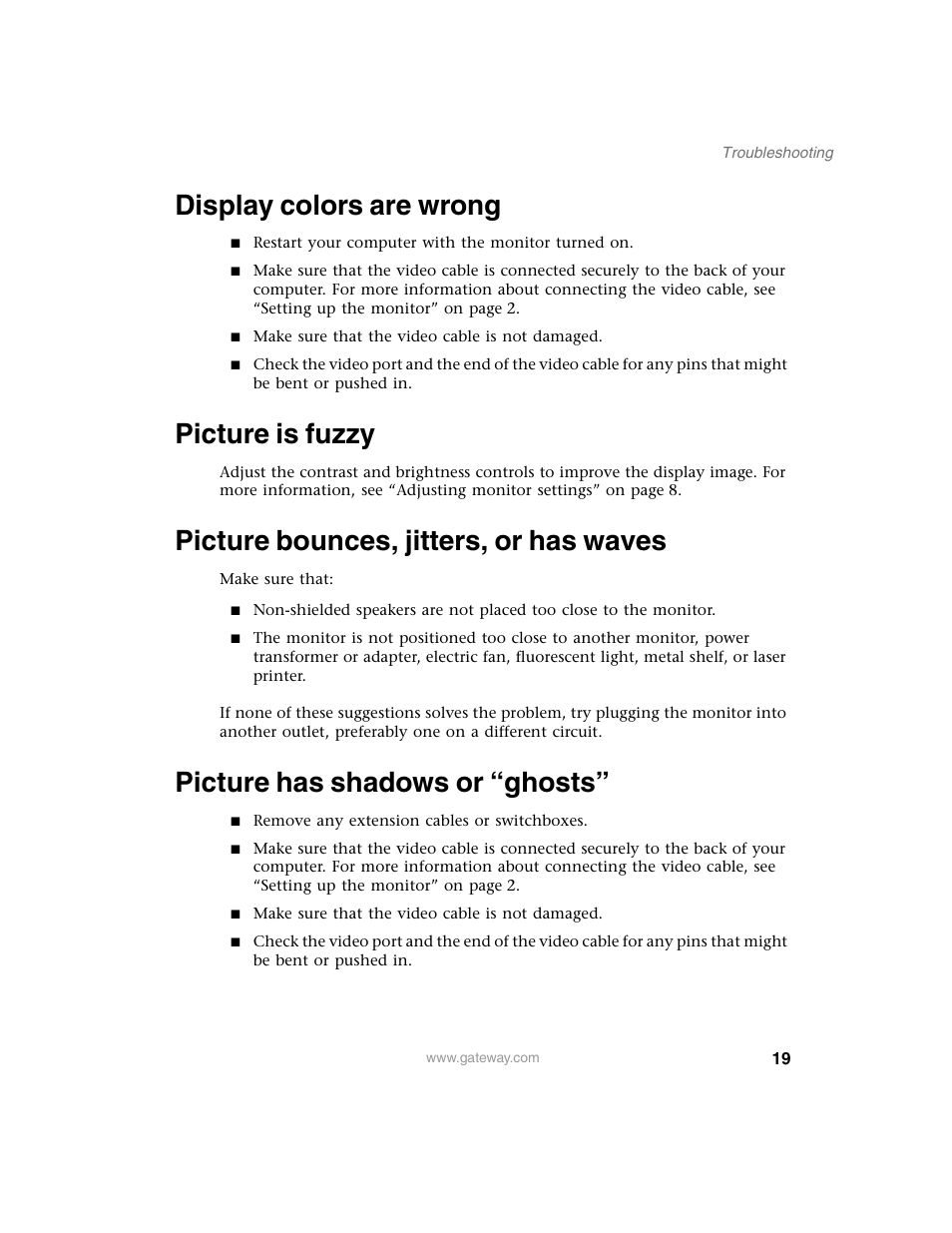 Display colors are wrong, Picture is fuzzy, Picture bounces, jitters, or has waves | Picture has shadows or “ghosts | Gateway EV730 User Manual | Page 21 / 30