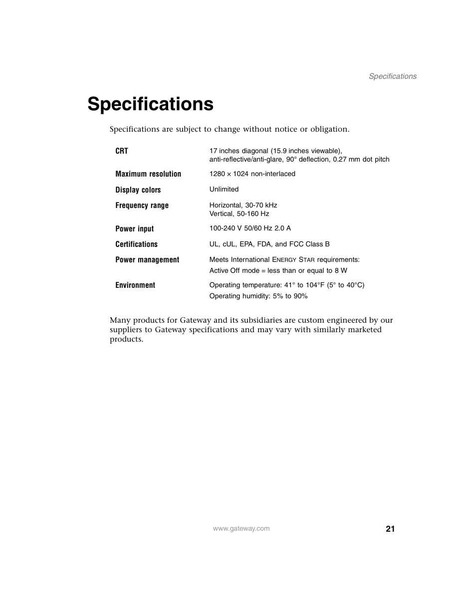 Specifications | Gateway EV730 User Manual | Page 23 / 30