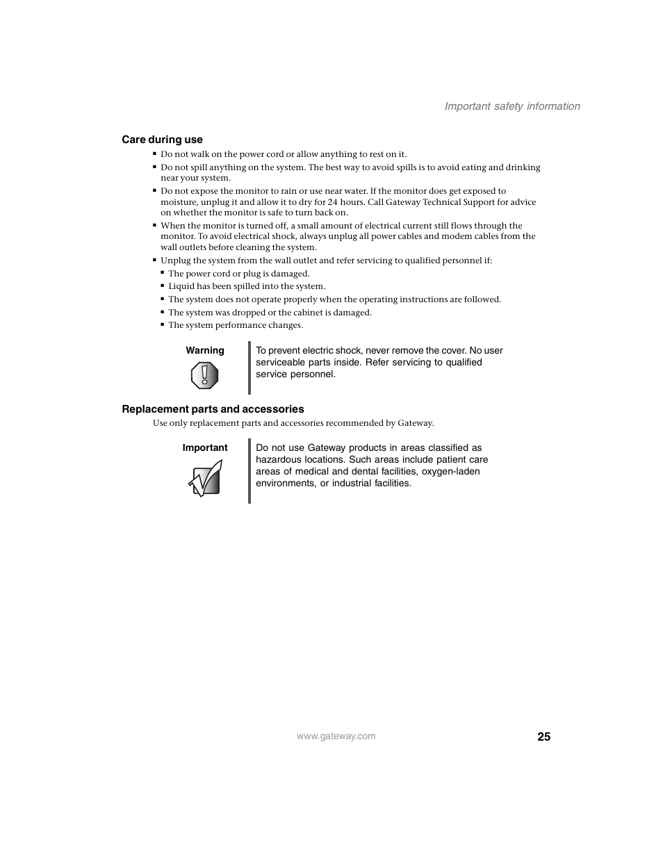 Care during use, Warning, Replacement parts and accessories | Important, Important safety information | Gateway EV730 User Manual | Page 27 / 30