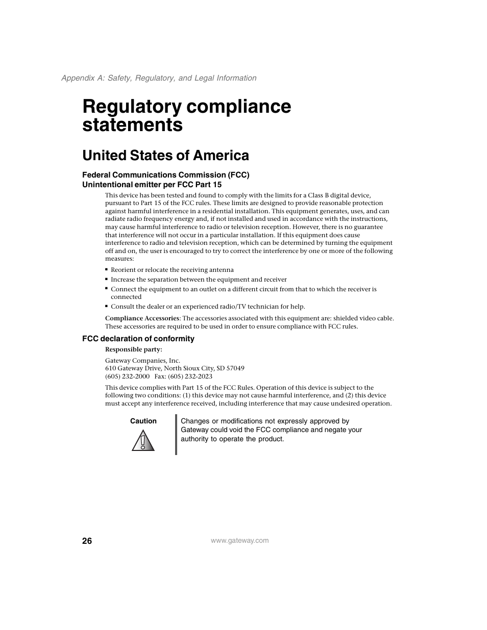 Regulatory compliance statements, United states of america, Fcc declaration of conformity | Caution | Gateway EV730 User Manual | Page 28 / 30