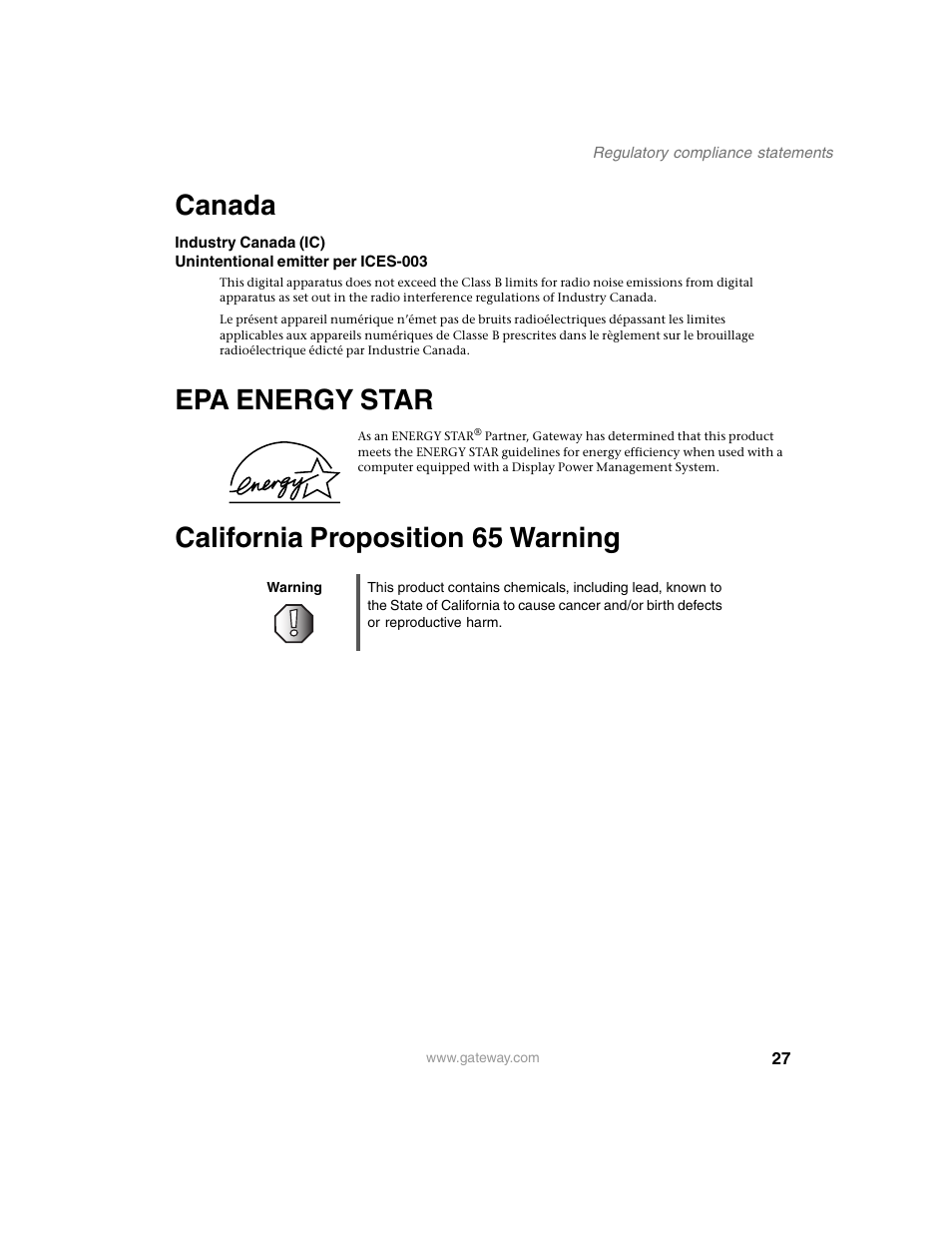 Canada, Epa energy star, California proposition65 warning | Warning, California proposition 65 warning | Gateway EV730 User Manual | Page 29 / 30