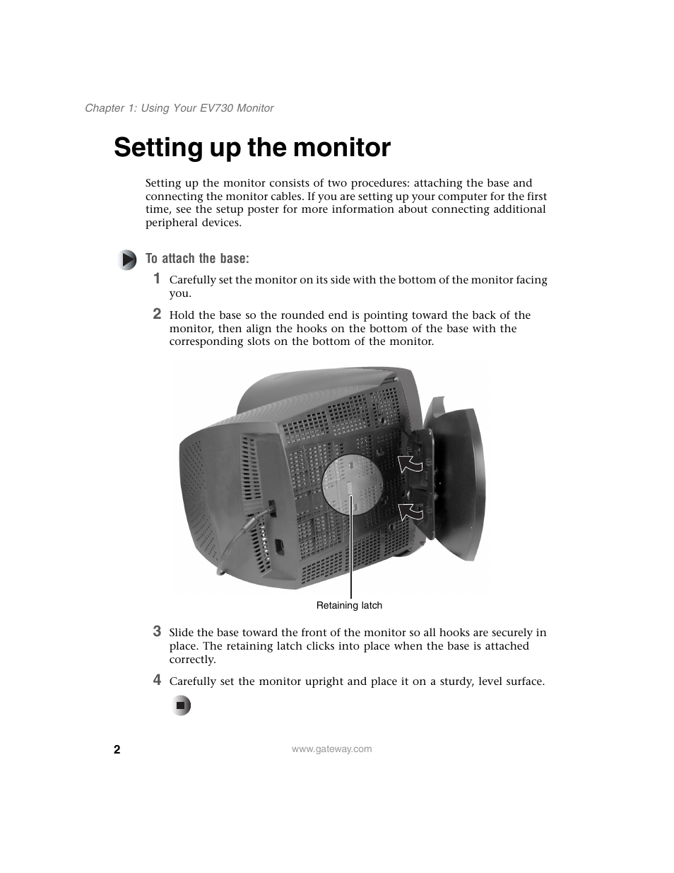Setting up the monitor, To attach the base | Gateway EV730 User Manual | Page 4 / 30