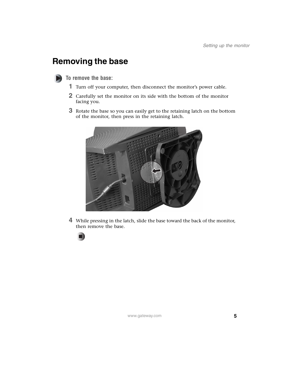 Removing the base, To remove the base | Gateway EV730 User Manual | Page 7 / 30