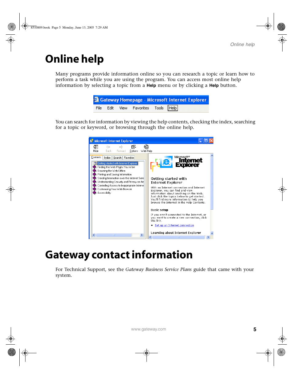 Online help, Gateway contact information, Online help gateway contact information | Gateway E-6500 User Manual | Page 10 / 116