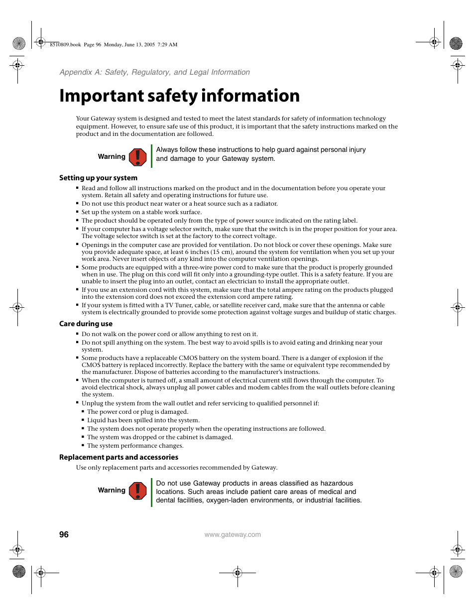 Important safety information, Setting up your system, Care during use | Replacement parts and accessories | Gateway E-6500 User Manual | Page 101 / 116