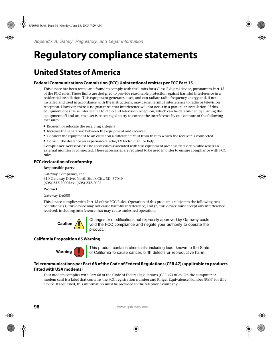 Regulatory compliance statements, United states of america | Gateway E-6500 User Manual | Page 103 / 116