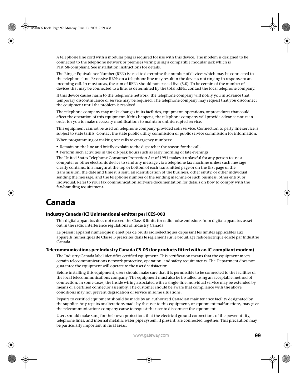 Canada | Gateway E-6500 User Manual | Page 104 / 116