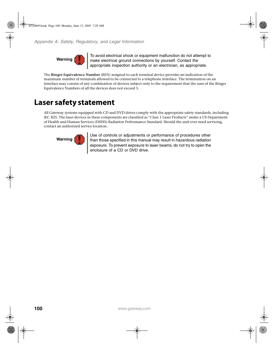 Laser safety statement | Gateway E-6500 User Manual | Page 105 / 116