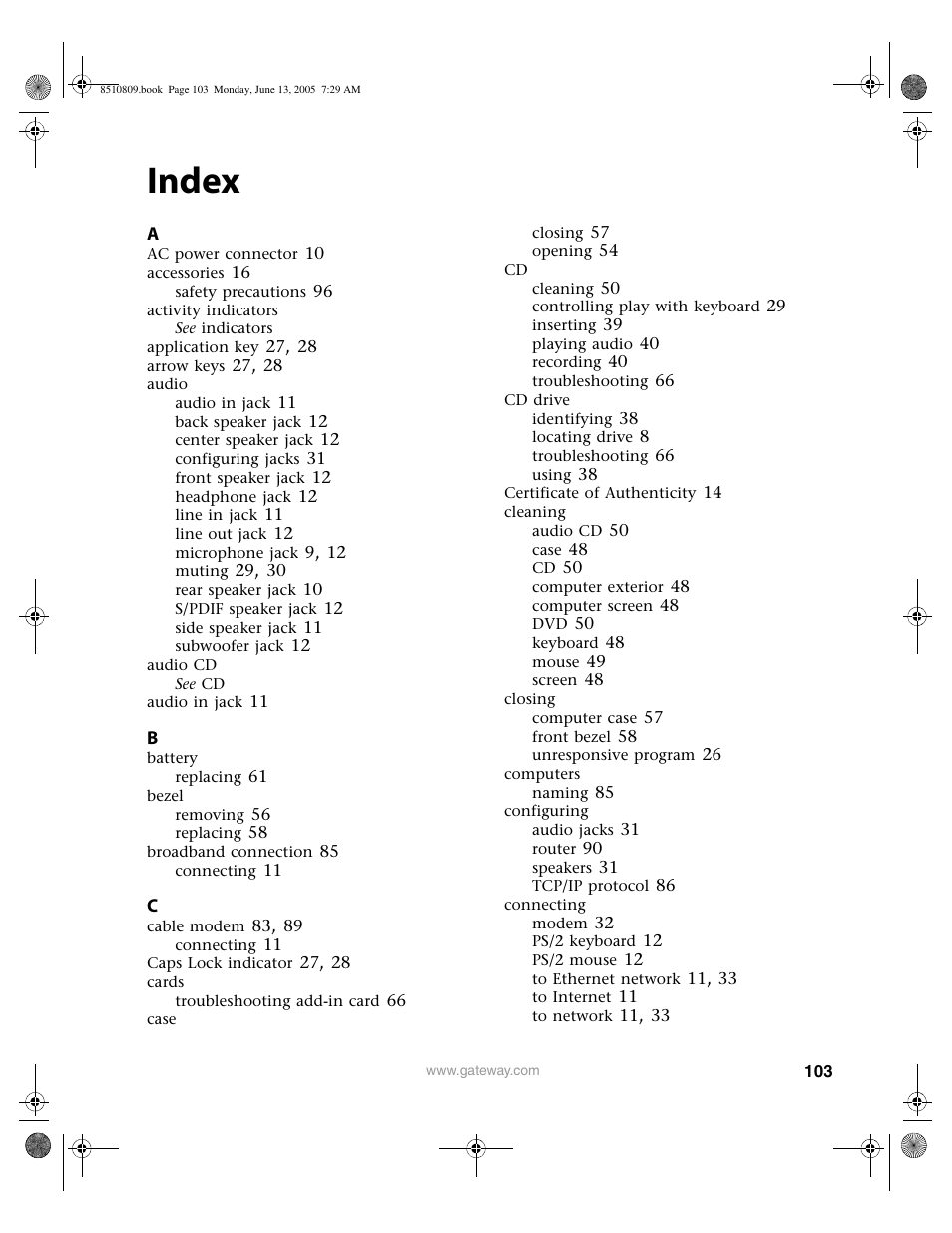 Index | Gateway E-6500 User Manual | Page 108 / 116