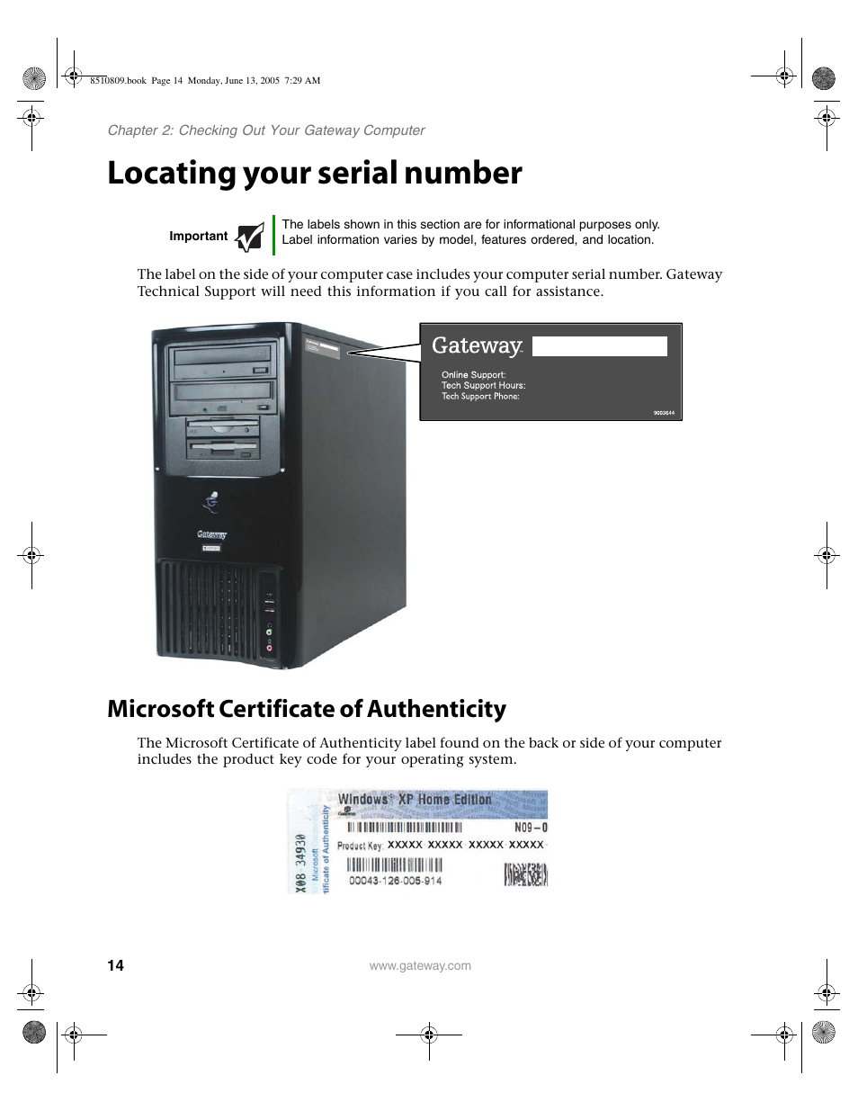 Locating your serial number, Microsoft certificate of authenticity | Gateway E-6500 User Manual | Page 19 / 116