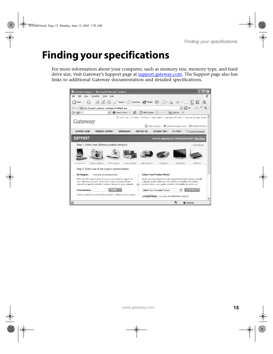 Finding your specifications | Gateway E-6500 User Manual | Page 20 / 116
